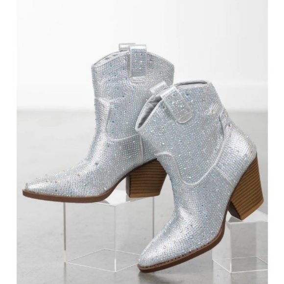 New Women Silver Blingy Rhinestone Cowboy Western Ankle Boots Booties - Picture 4 of 4